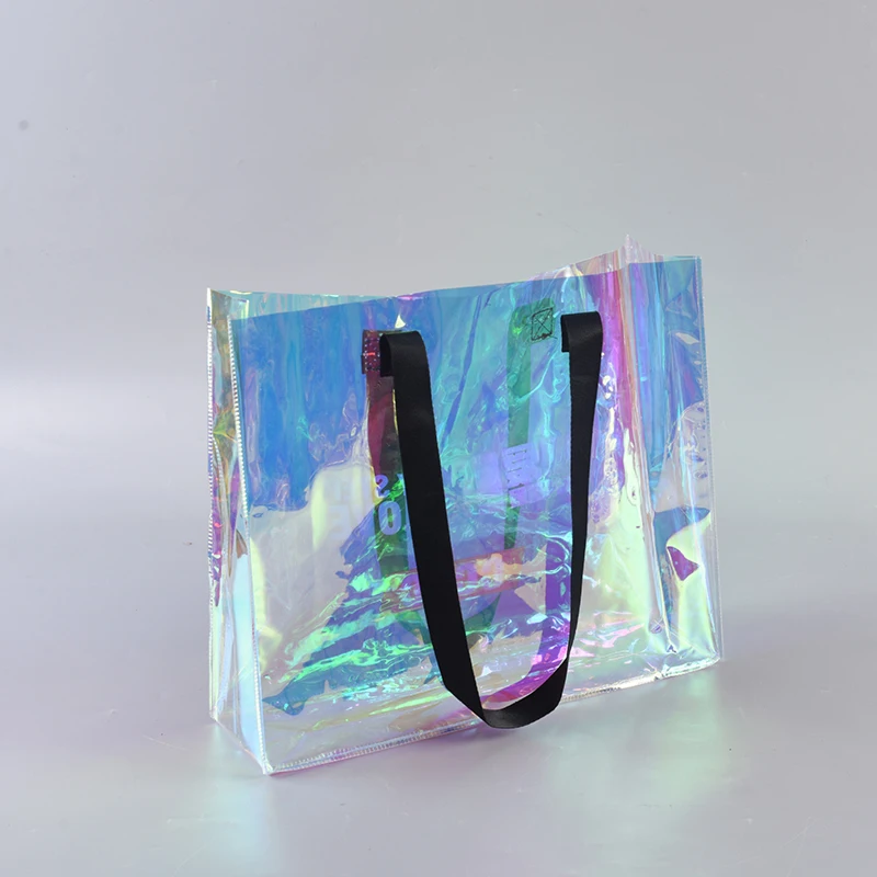 Custom Logo Promotional Rainbow Clear Plastic Women Beach Bags bolsa de compras Transparent Holographic PVC Tote Shopping Bag