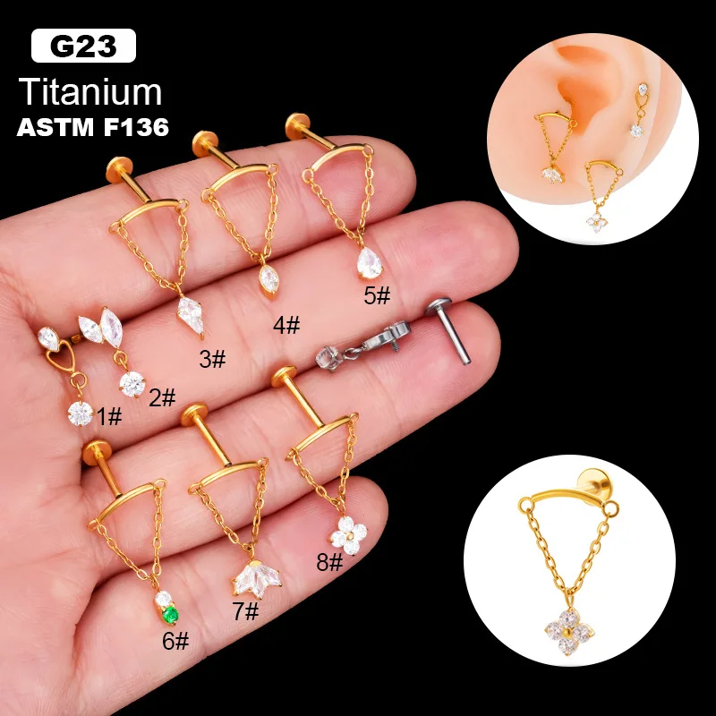 Fashion G23 titanium piercing inner tooth helx lip zircon ear chain dangling septum cartilage f136 titanium piercing