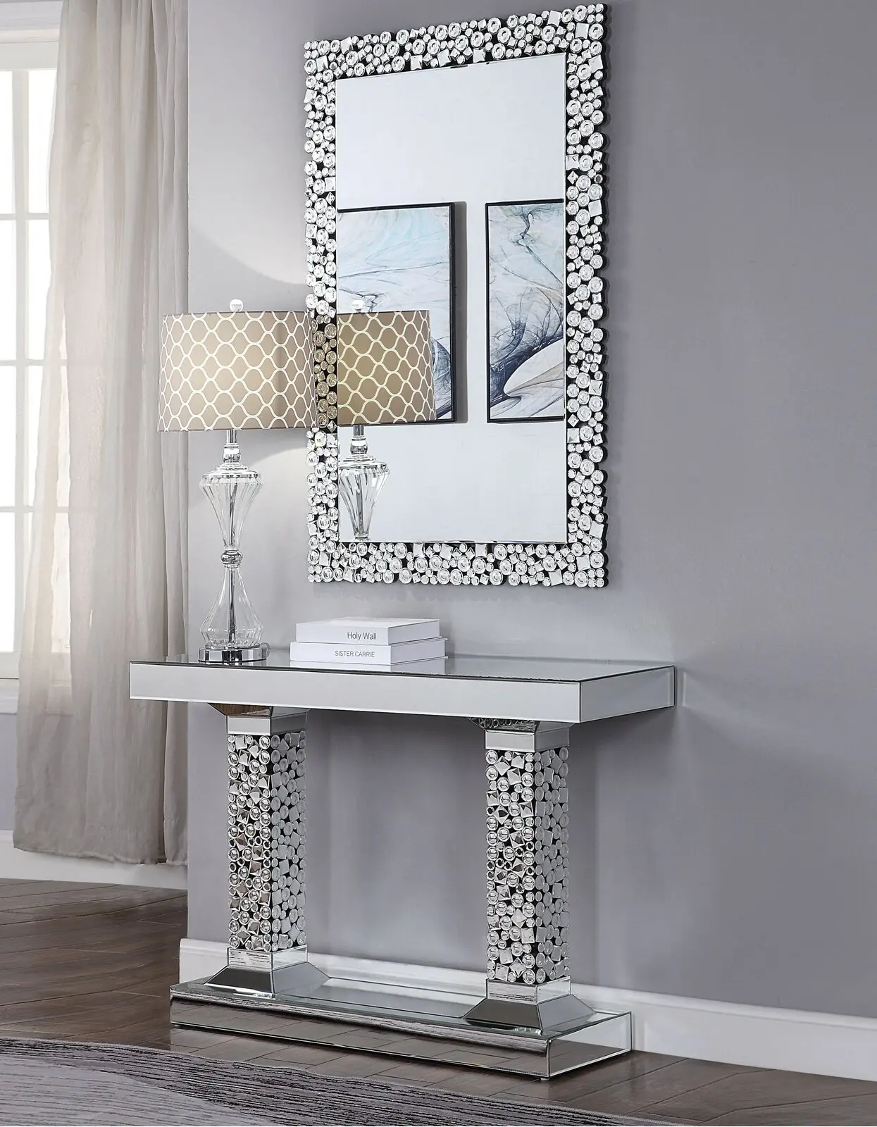 Hot Sells Crushed Diamond Living Room Furniture Glass Silver Mirror Console Table Hall Table with Wall Mirror