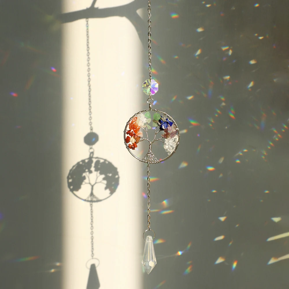 7 Chakra Tree Of Life Sun Catcher Crystals Healing Stones Crystal Suncatcher Prism Rainbow Crystal Wind Chimes Hanging Ornament