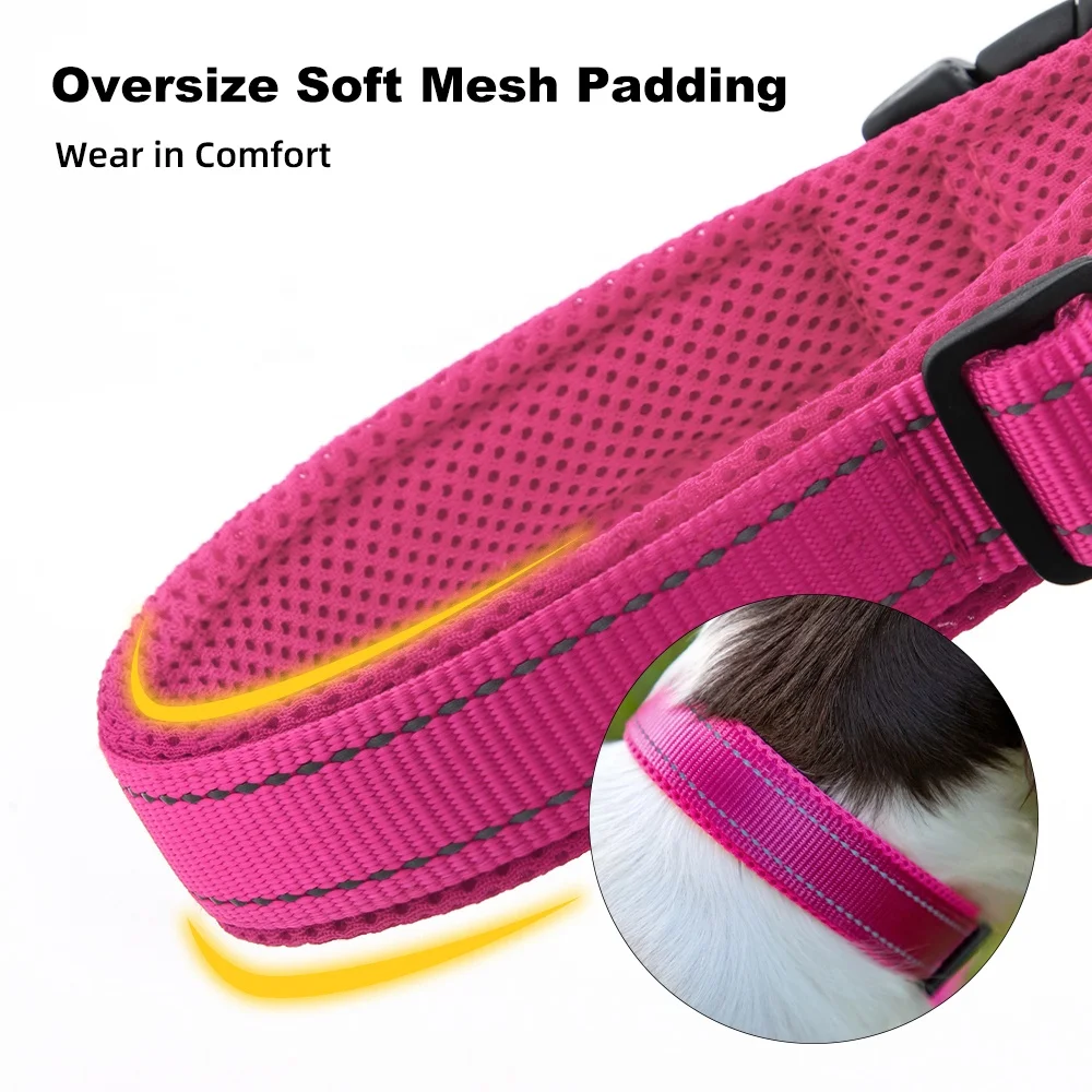100% Pure Nylon Reflective Adjustable Pet Neck Collar Lead Heavy Duty O-Ring Style Pet Dog Collar With Comfortable Mesh Padding
