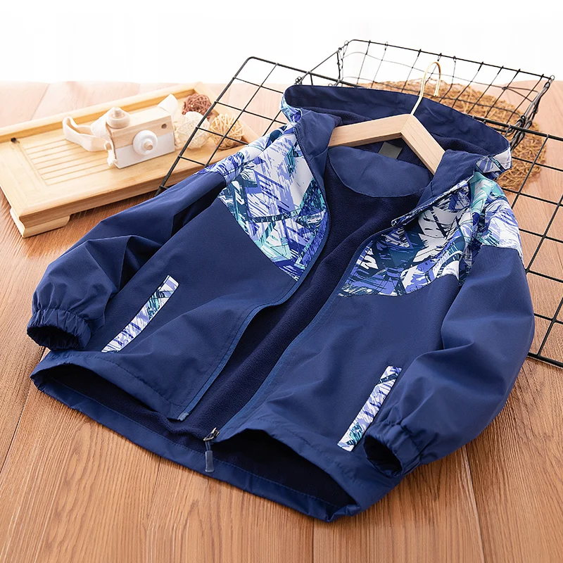 Kids Jacket for Boys Reflective Zipper Design Coat Windbreaker Outerwear Polar Fleece Waterproof Clothes Raincoat 3-14Y