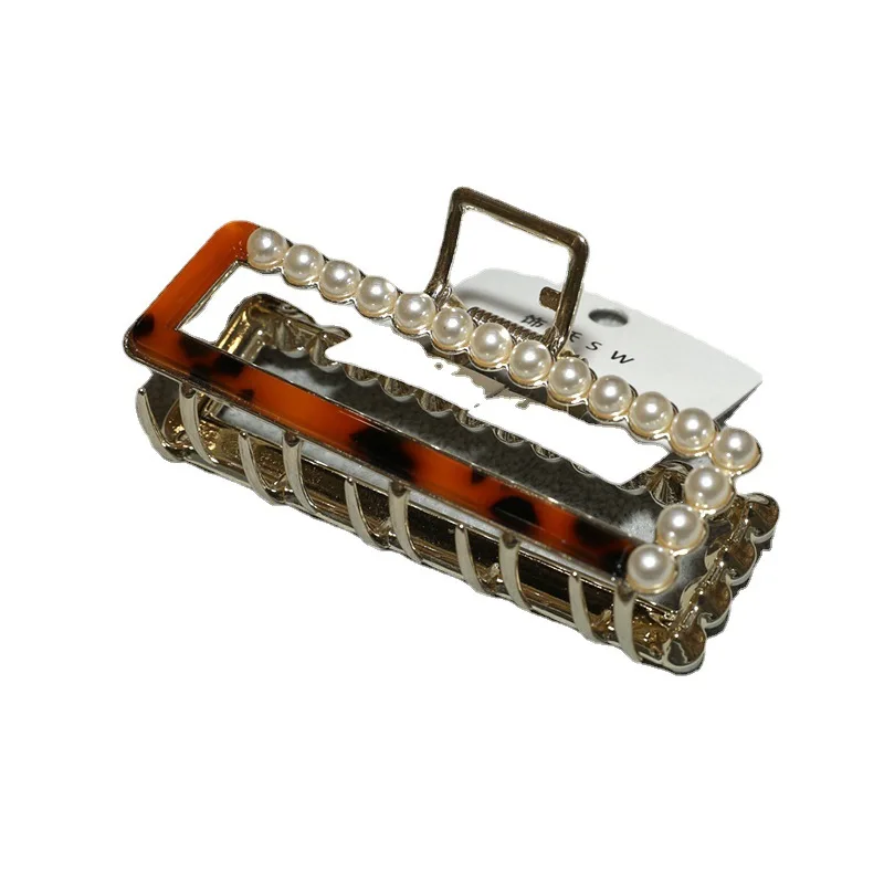 Women 9cm big large pearl Acetate Metal Alloy Square Hair Clip Claws