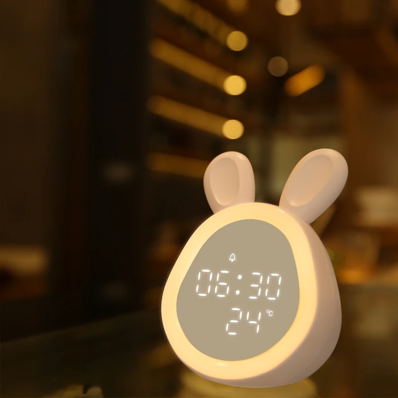 Lovely Round Rabbit Alarm Clock With Light Children Student Cartoon Electronic Digital Clock LED