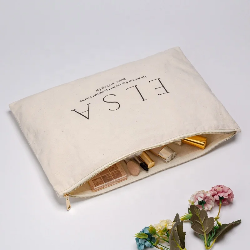 Eco Friendly Custom Cotton Zipper Pouch Make Up Bags Cotton Canvas Makeup Cosmetic Bag With Logo