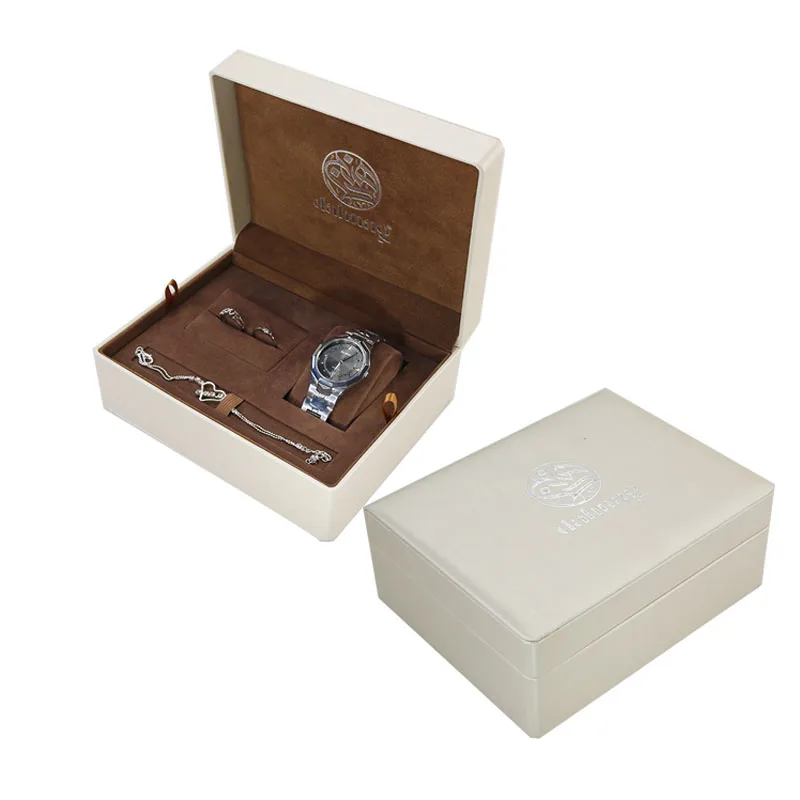 
luxury PU leather cover plastic velvet inner ring cufflinks pen watch gift set package box 