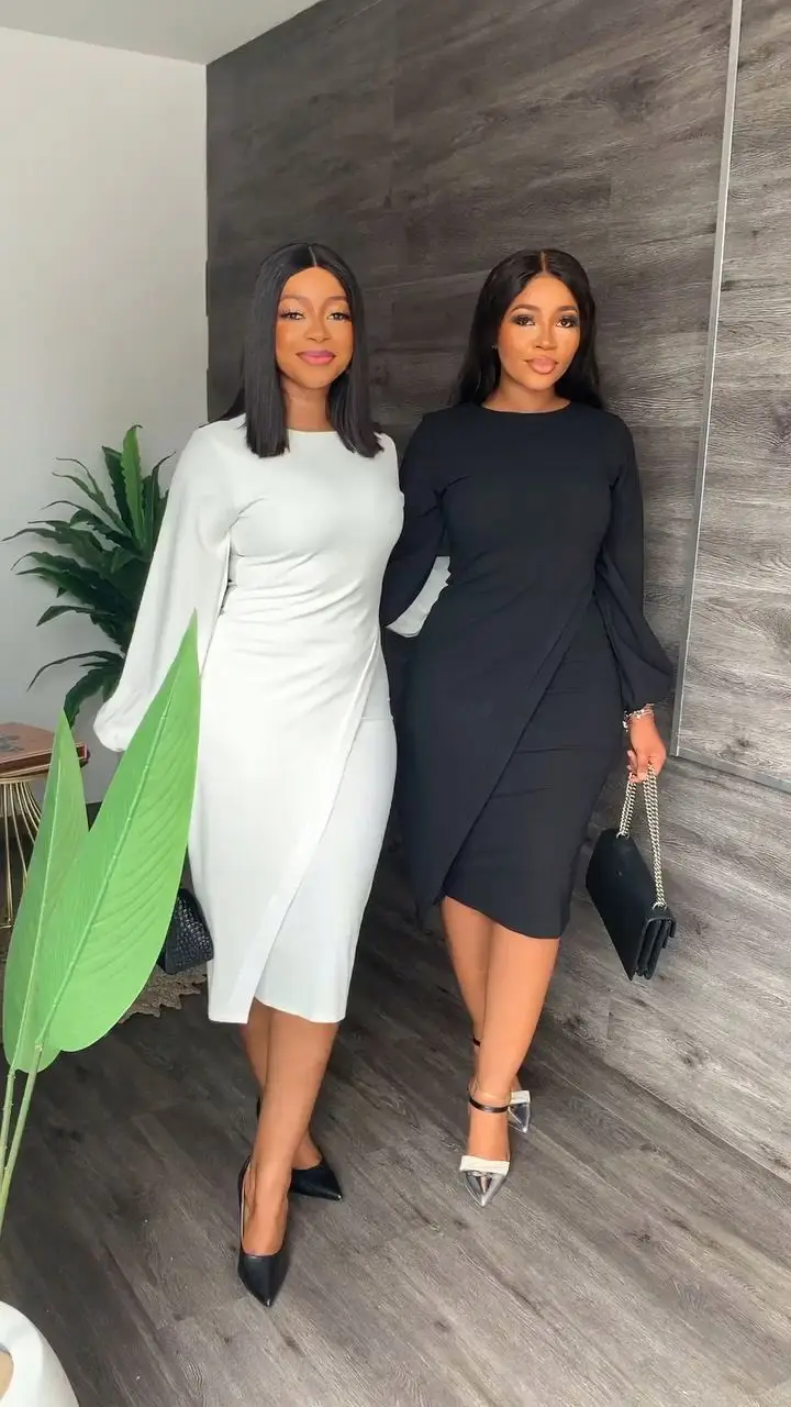 BNS 2023 New Arrival Women Modest Work Career Dresses Round Neck Puff Sleeve Slim Midi Dress Elegant Dress Ladies Office Wear