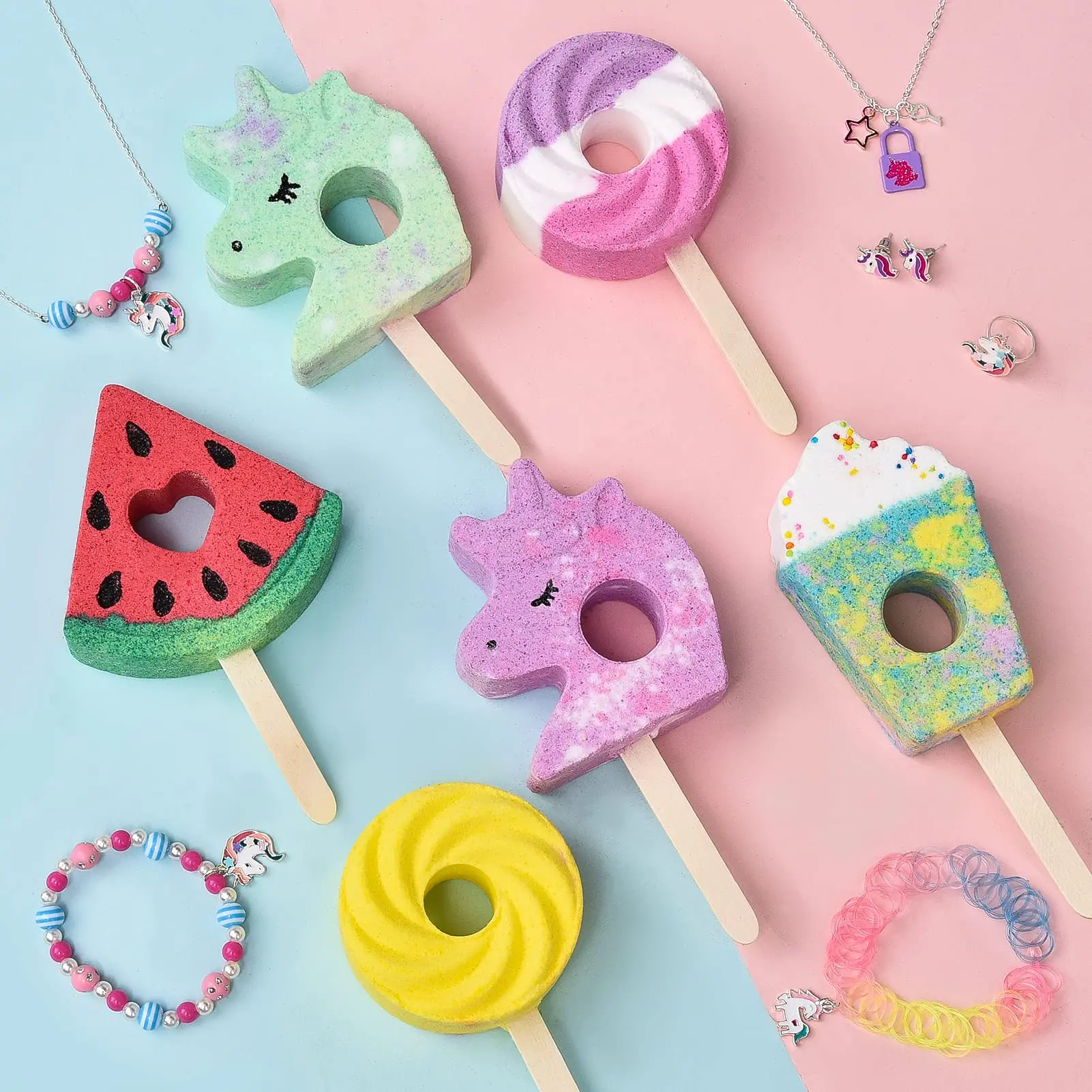 Kids Bath Bombs for Girls with Unicorn Necklace Bracelet Rings Jewelry Toys Natural Organic Handmade Bubble Bath Fizz Spa Bath S