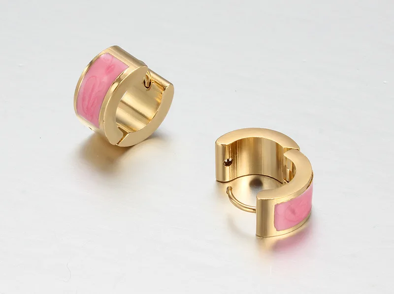 Wholesale Statement Earring Fashion Designed Cute 7mm Pink Enamel Stainless Steel Gold Plated Hoop Earrings For Girls