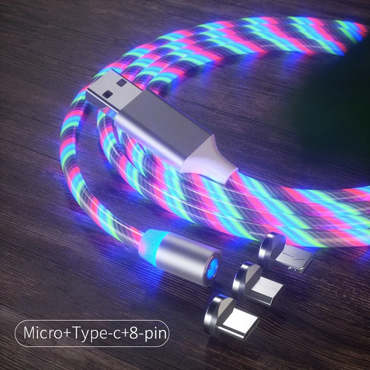 3-in-1 Type C/8 Pin/Micro Flowing Light LED USB Magnetic Cable