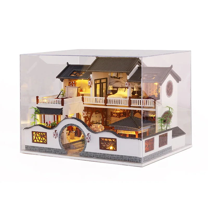 IIECREATE Chinese Ancient Style Wooden DIY Doll House Miniature Craft Gift With Cover