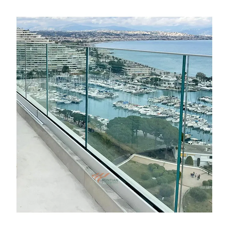 Luxury outdoor stair railing frameless balcony glass fence balustrade handrail black aluminum railing