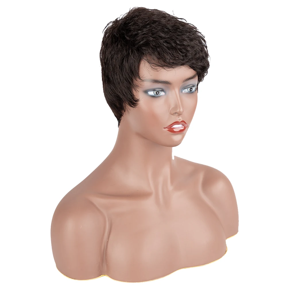 Rebecca Natural Black Short Pixie Wigs with Bangs Layered Cut Natural Curl Straight Synthetic Hair Wig for White Women
