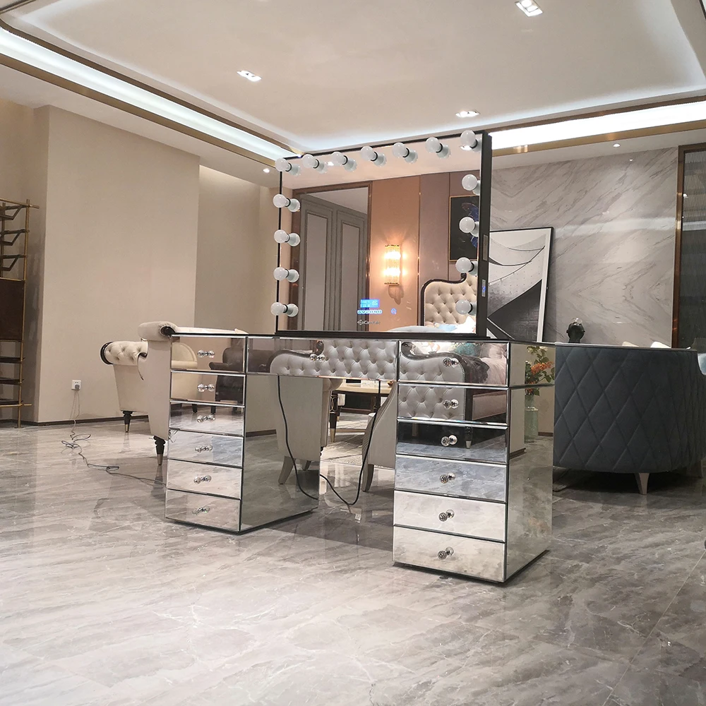 Docarelife bedroom set dresser glass tabletop 13 drawers makeup Hollywood lighted mirror vanity set  mirror table