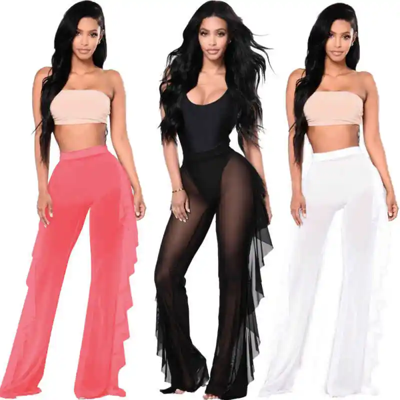 2022 Women Beach Mesh Pants Women Cover Up Sheer Bikini Swimwear Ruffle Pants Swimsuit beach bottom cover up pants