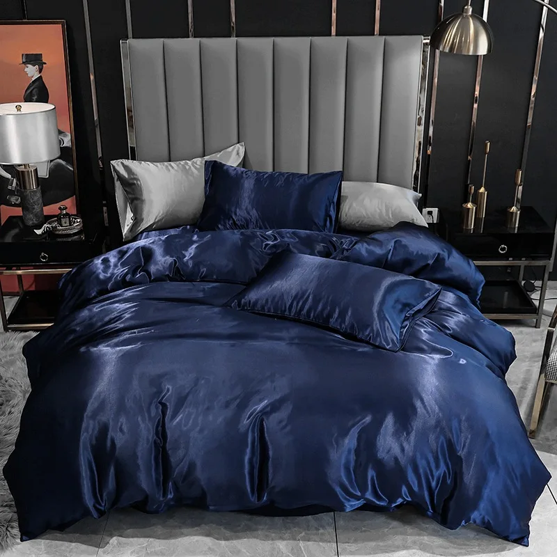 European Style Luxury home textiles Solid color Satin silk bedding quilt cover pillow case three pieces bed Sheet set wholesale