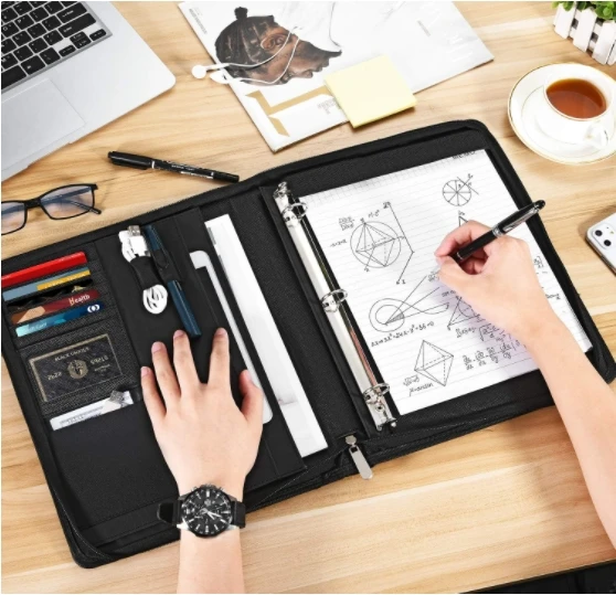 PU Leather Padfolio Business Resume Portfolio for A4 Document File Bag Zippered Business Padfolio with Notepad