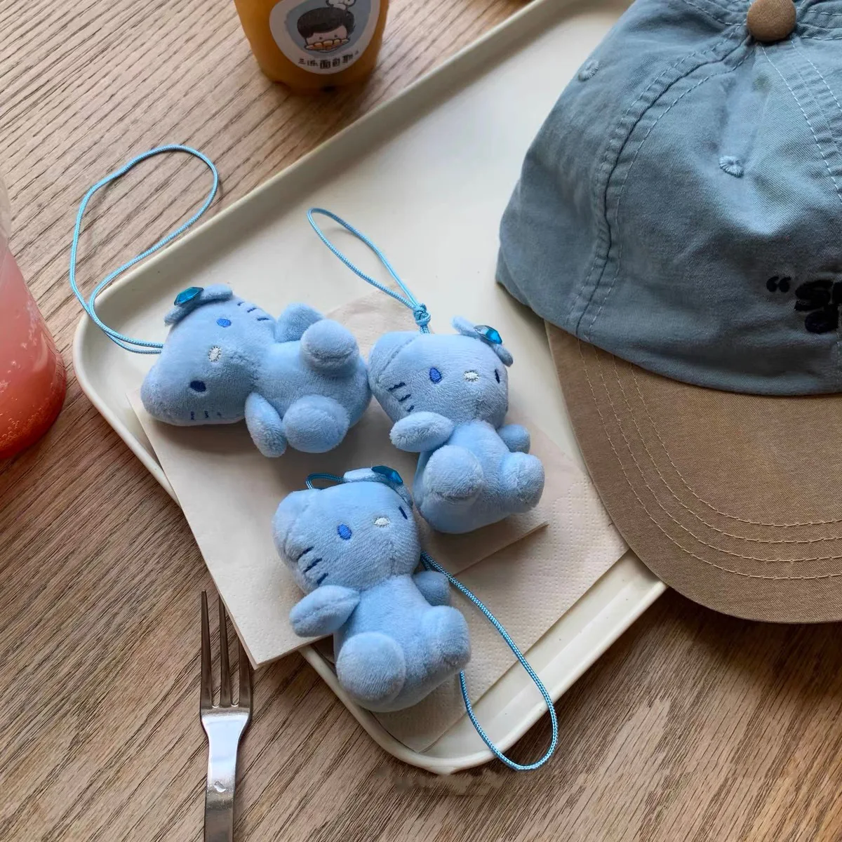 Vintage with diamond cat stuffed toys doll anime schoolbag pendant black and blue skin kt girls gifts mini plush keychain