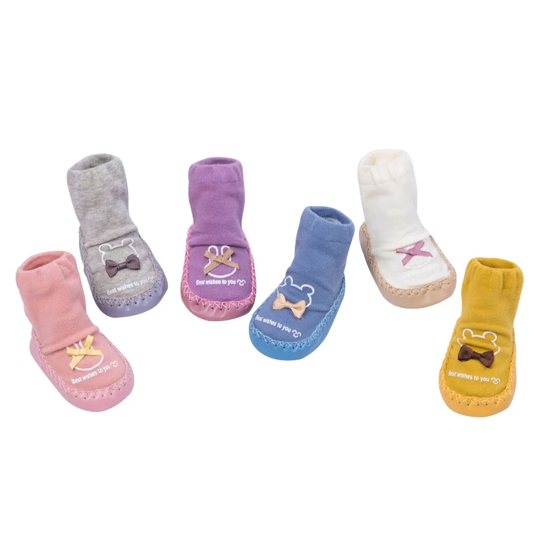 Factory Supply Warm Knit Slipper Baby Socks With Leather Sole Kids Children Shoes Non Slip
