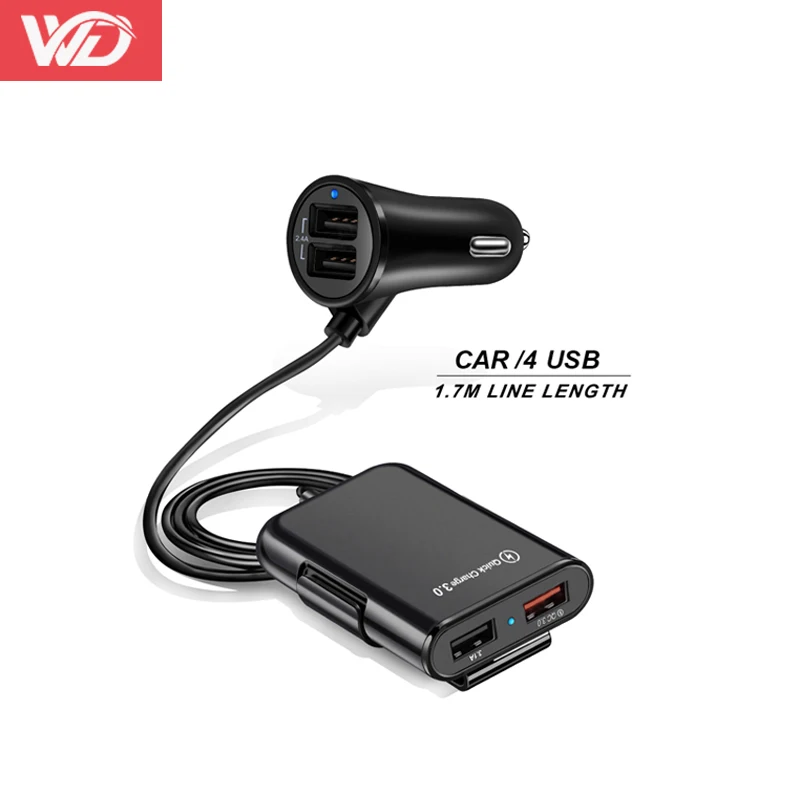4 Port USB Car Charger Quick Charge QC3.0 5.6ft Extension Cable For iPhone 12 Xiaomi Mobile Phone Driving Recorder Fast Charging