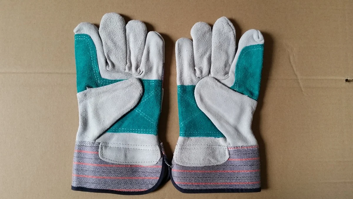 Hot sale welding gloves reinforced double palm leather cow split leather candy strip work gloves