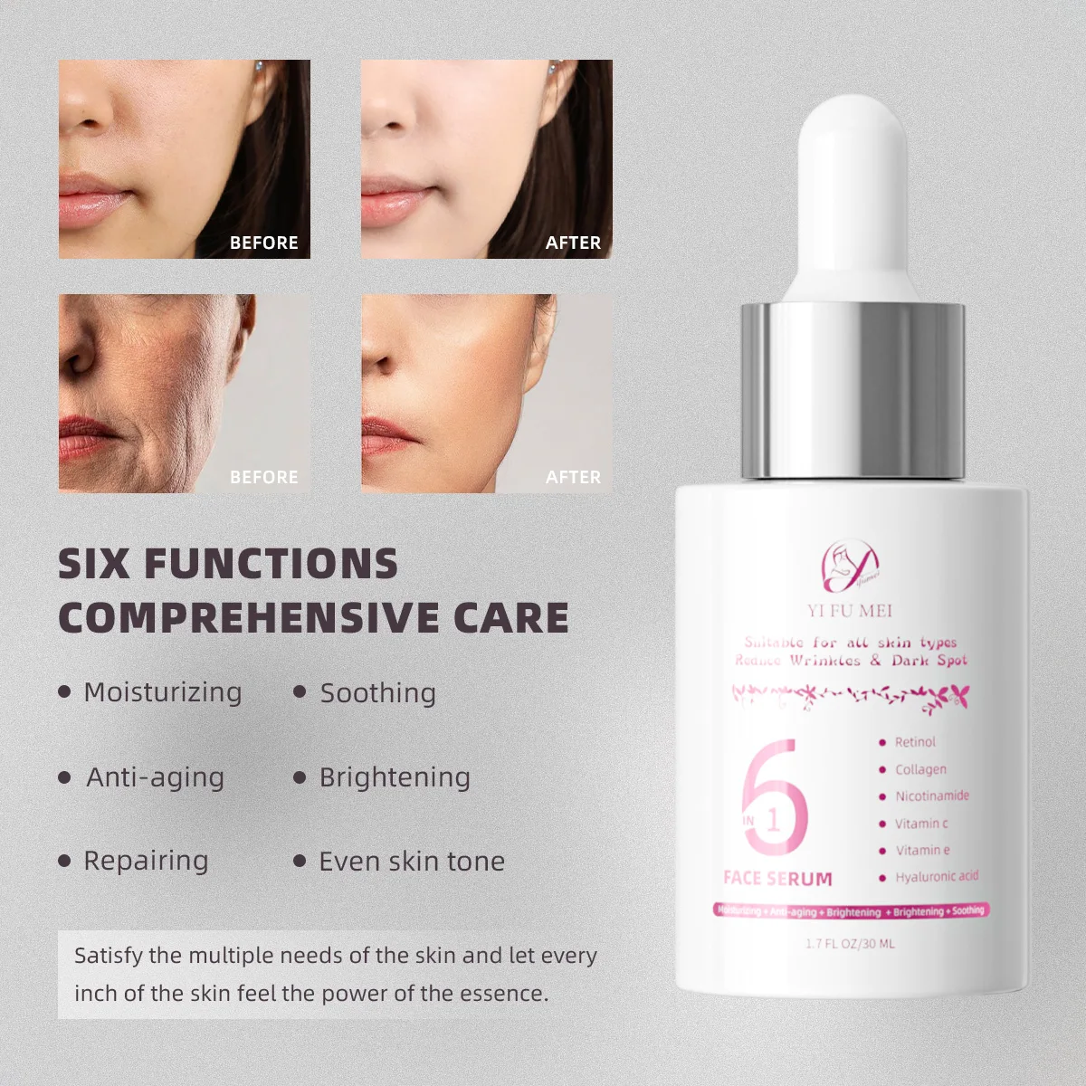 6 IN 1 Private Label Retinol Niacinamide Organic Dark Spot Lightening Anti Aging Face Glow Skin Care Vitamin C Serum