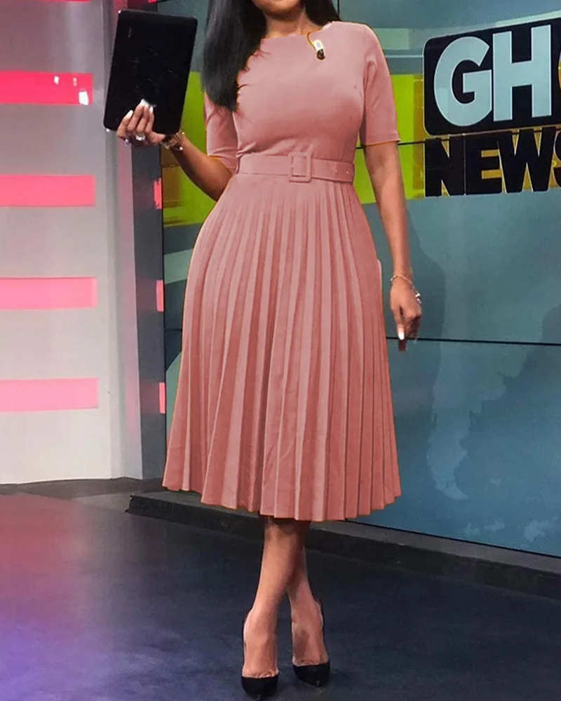 Classy Cute Pure Color Crew Neck High Waist Elegant Dress Short Sleeve Organ Pleated Dress With Belt Ladies