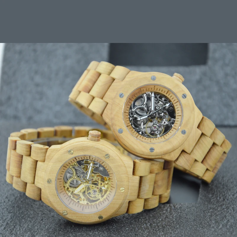 Chinese custom logo skeleton mechanical automatic wood watch with a wood box for watch