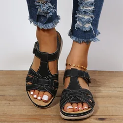 Summer retro plus size car line solid color light round head wedge Roman sandals women Water Shoes Hiking Leather Beach sandals
