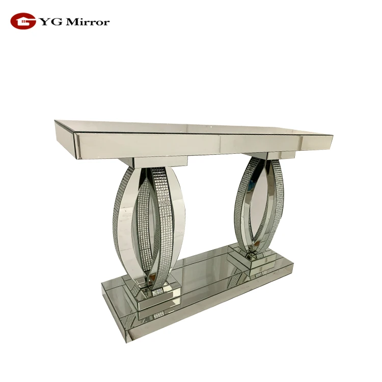 YGJS0054 Customized Mirror Crushed Rhinestone Glass Console Corner Dining Table Mdf Table With Mirror