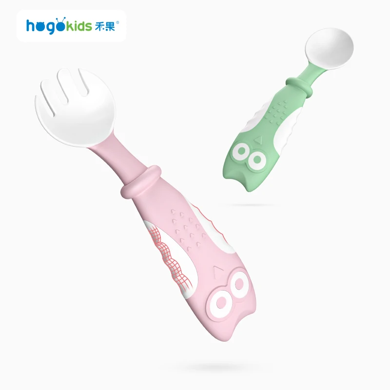 Hot Selling Cartoon Shape Twisted Baby Feeding Spoon and Fork Utensil Set