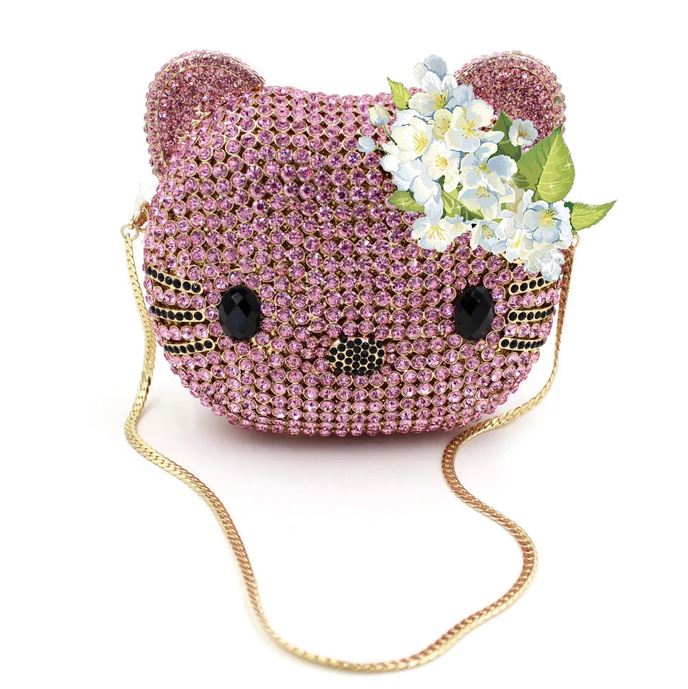 Factory Direct Sale Wedding Cute Bag Rhinestone Diamond Cat Shape Clutch Ladies Evening Bags