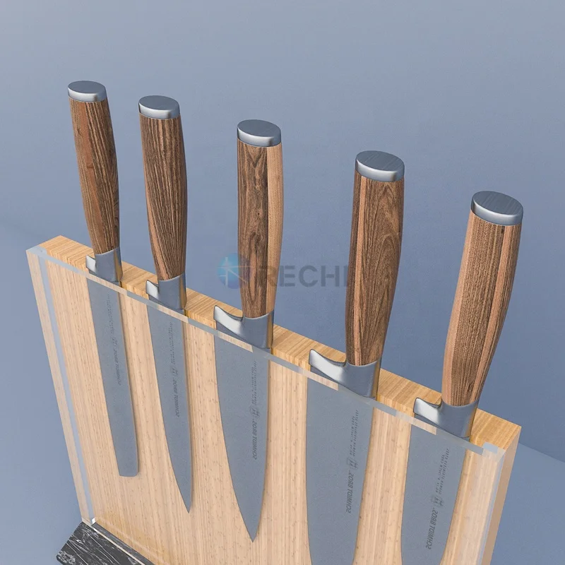 RECHI Custom Hot selling wooden knife block kitchen knife storage stand magnetic knife holder with acrylic shield