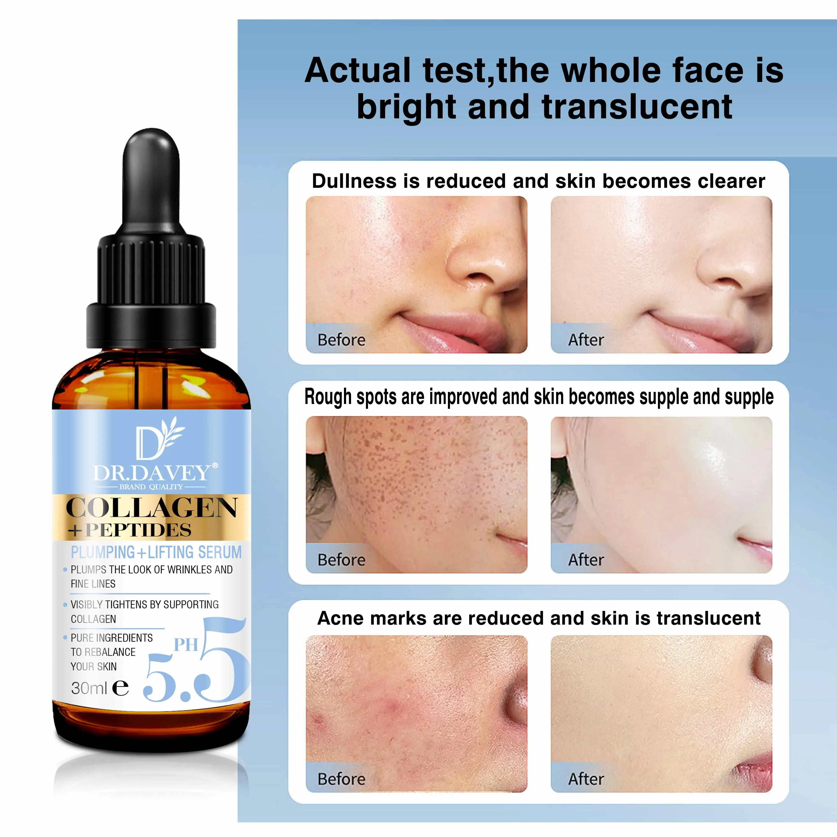 DR.DAVEY Collagen+Peptides Serum Whitening Serum Anti Wrinkle Firm Tighten Reduce Spots Brightening OEM private label