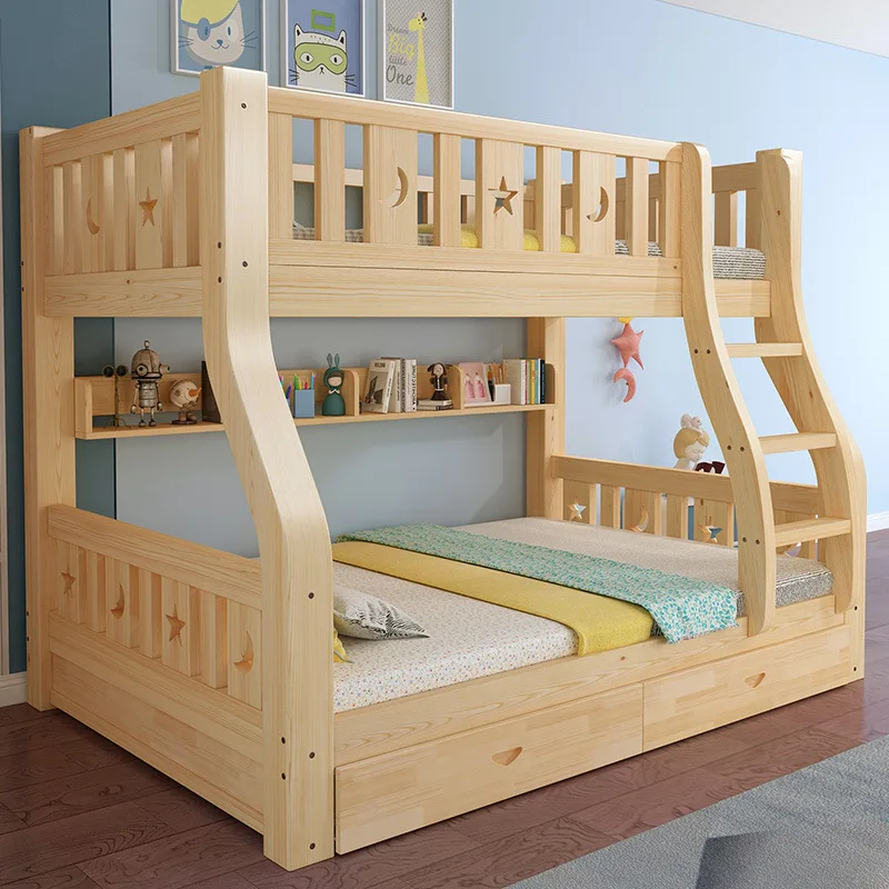 Hotel Kids Bed Set Solid Wood loft Double Queen Wooden Modern Bedroom Space Saving Wooden Bunk Bed With Stairs