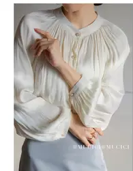 Spring 2021 Boutique White Blouse Retro Court Style Satin Blouses Women Long Sleeve Shirt Top For Women