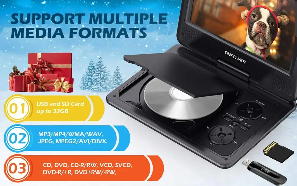 DBPOWER 9 дюймов HD поворотный экран Портативный DVD проигрыватель видеодисков подходит для крепления на подголовник автомобиля