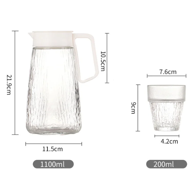 Wholesale simple design clear glass 1 piece 1100ML pot with 4 piece 200ML water milk cup set for home
