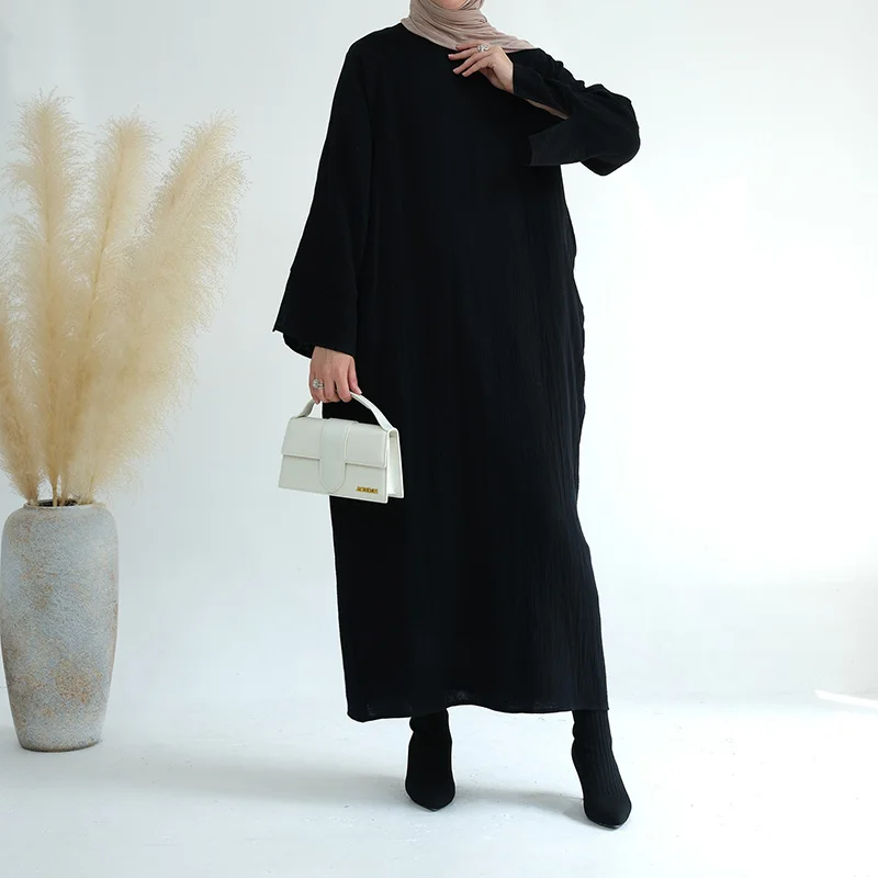 Plain Cotton Abaya Side Pockets New Design Slit Sleeves Soft Breathable Closed Abaya Zip Back Islamic Clothing