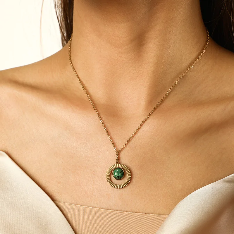 Классический винтажный диск из нержавеющей стали с подвеской ожерелье аксессуары позолоченный Бирюзовый Малахитовый кулон ожерелье для женщин