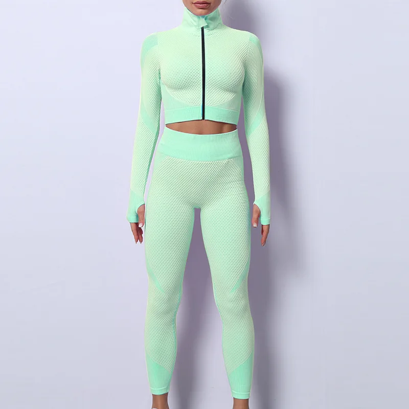 3 piece yoga set with jacket seamless yoga sets women long sleeve yoga clothing For Women Gym Fitness Sets