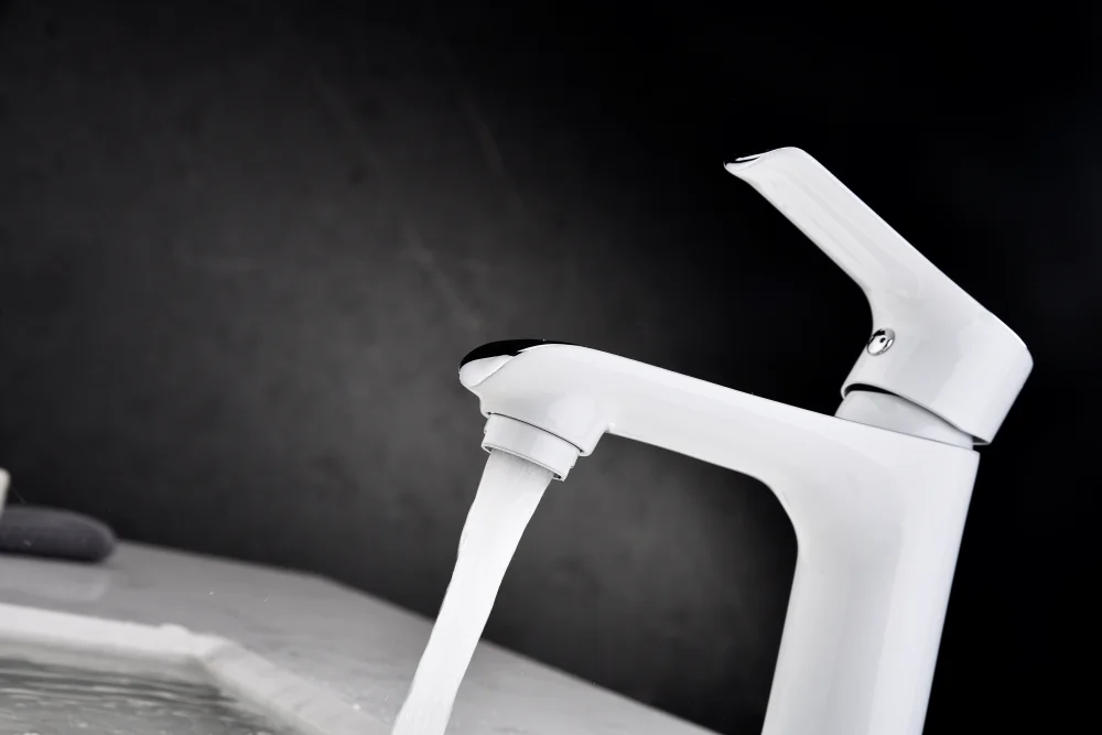 Bathroom Sink Tap Deck Mounted White and Chrome Color Basin Faucet Hot Cold Water Mixer Wash Hand Brass Body Factory Supplier