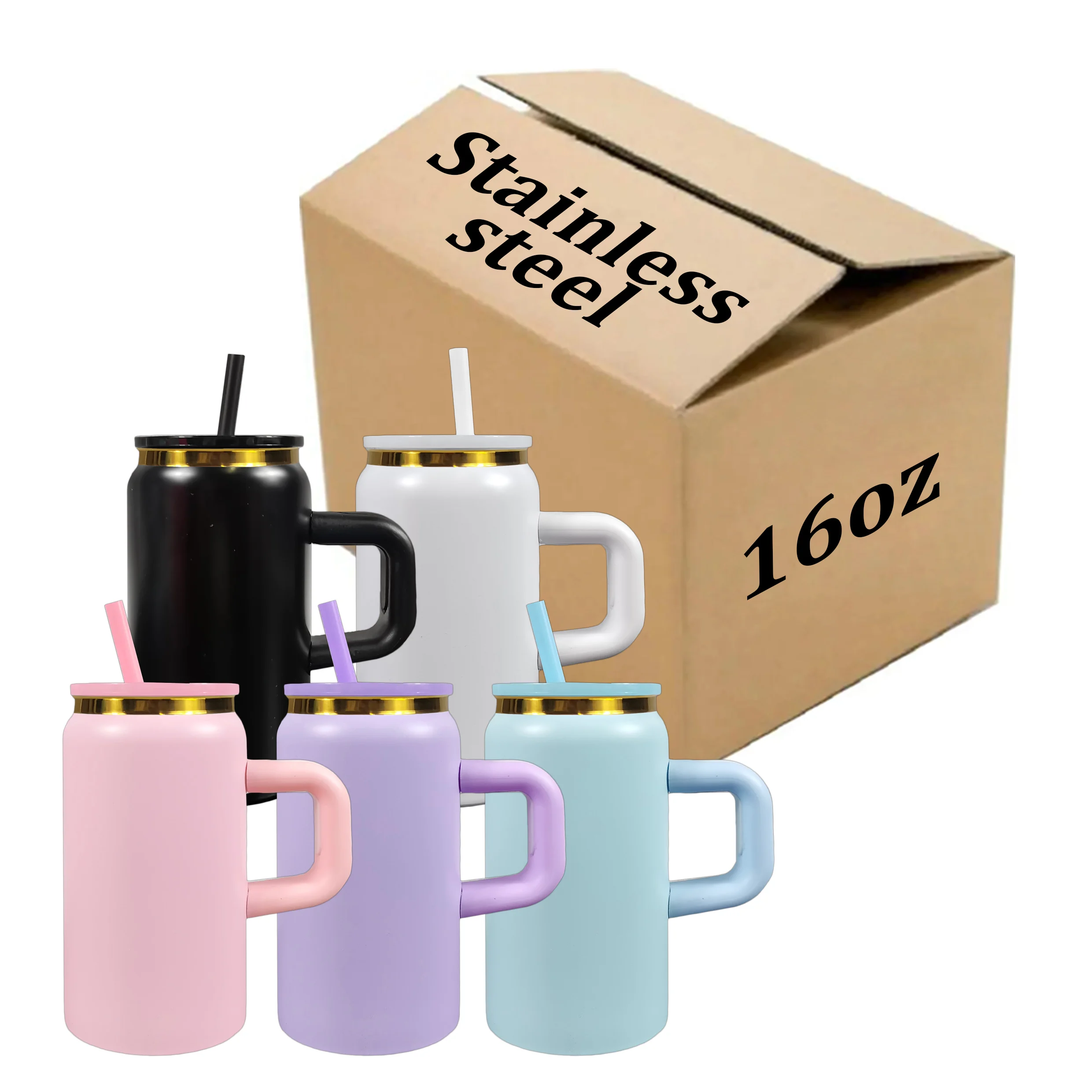 US warehouse 16oz Gold Underneath Metal Stainless Steel Powder Coated Double Walled Beer Can with handle