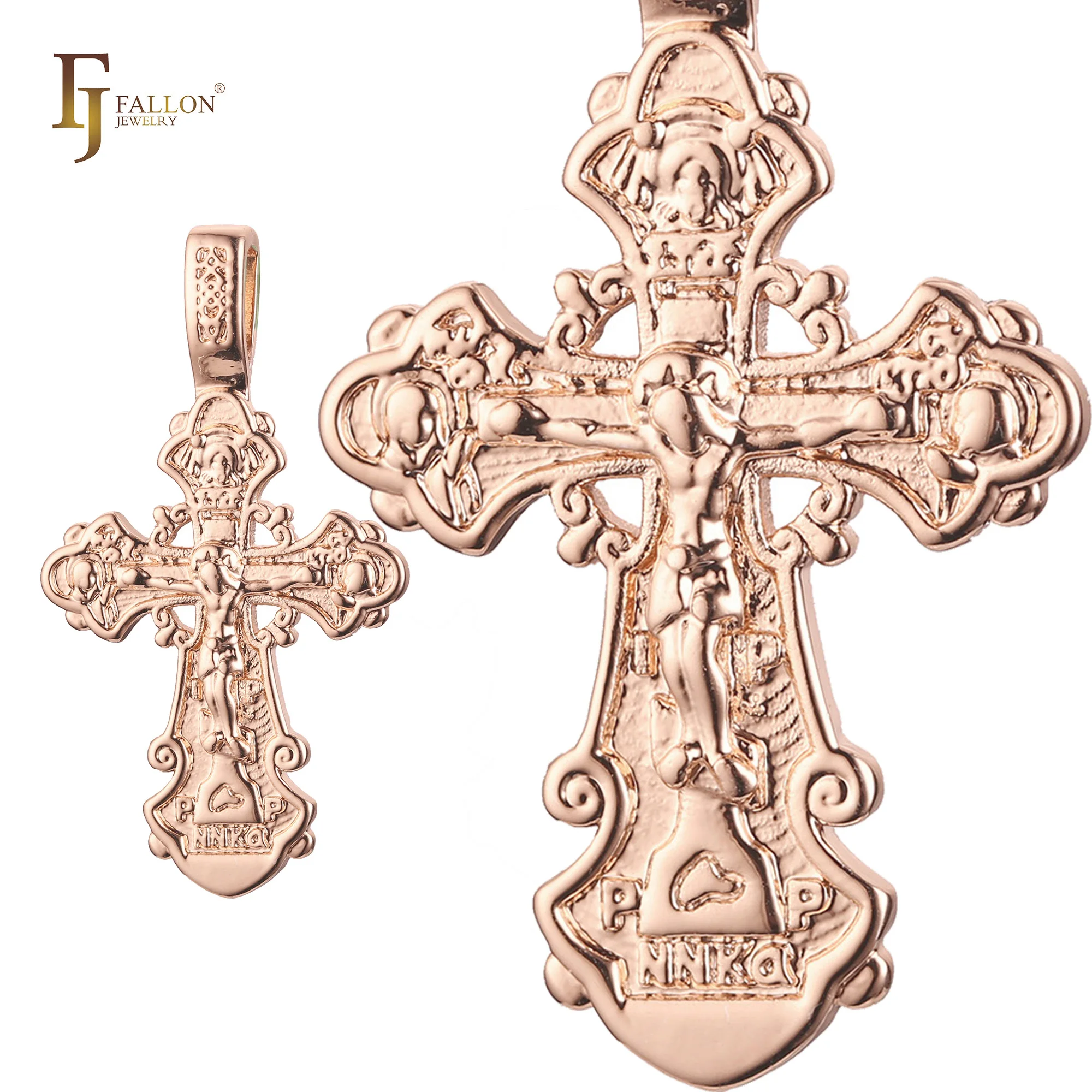 F86100310 FJ Fallon Fashion Jewelry Catholic Cross Budded Pendant Plated in Rose Gold Brass Based