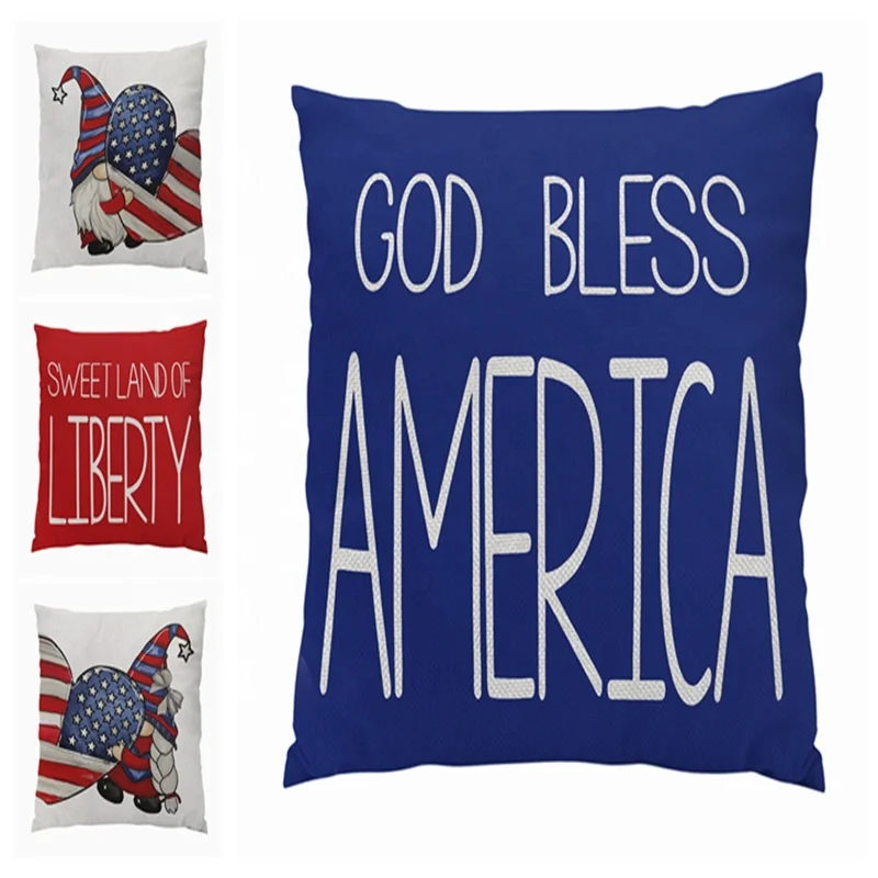 Wholesale 18x18 Inch Set of 4 Fourth of July God Bless America Gnomes Heart Blue Throw Pillow Cover for Independence Day