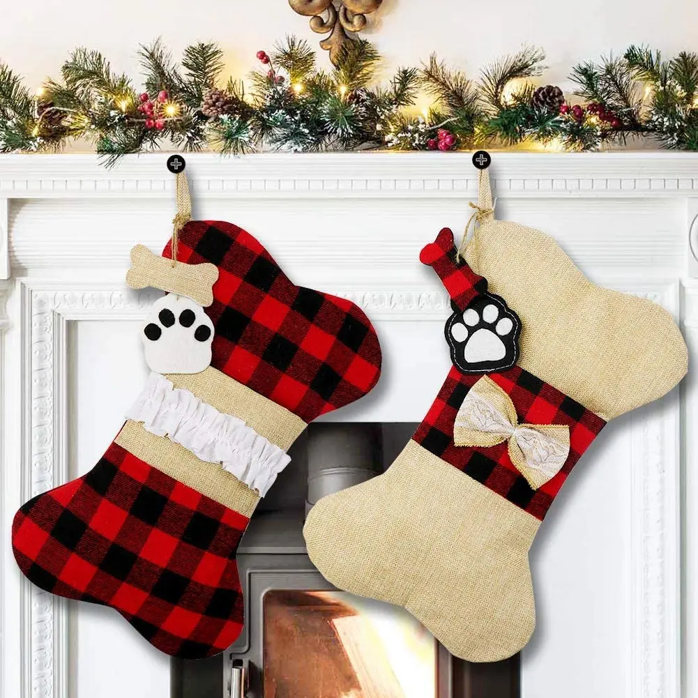 Free Sample Buffalo Plaid Christmas Stockings Large Bone Shape Hanging Pets Stockings for Dogs Christmas Decorations