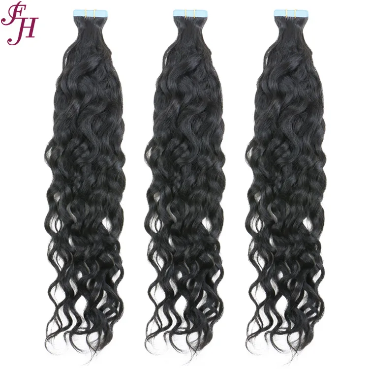 FH Virgin Cuticle Aligned Tape Ins Extensions Raw Hair Water Wave Curly Thick Russian Hair Tape In Extensions