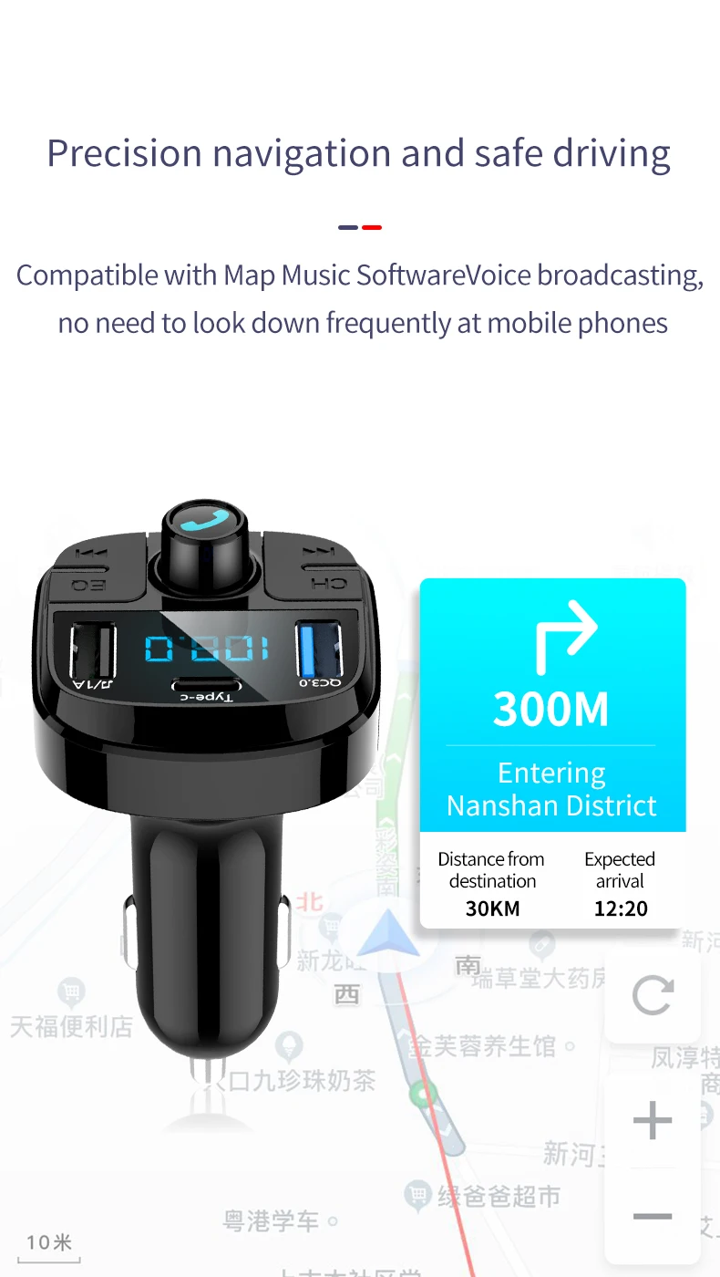 3 in 1 fm car mp3 player fast charging dual usb ports qc 3.0 car accessories type c car cigarette lighter charger bluetooth 5.0