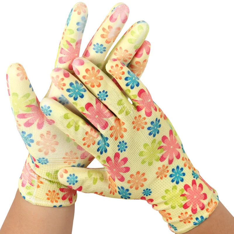 Thin section nylon knitted printing non-slip wear-resistant breathable dust gardening work labour protection gloves female