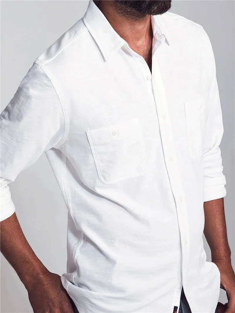 Wholesale Custom Men Long Sleeve Chest Pockets Button Front 100%Cotton Linen Beach Shirts in White